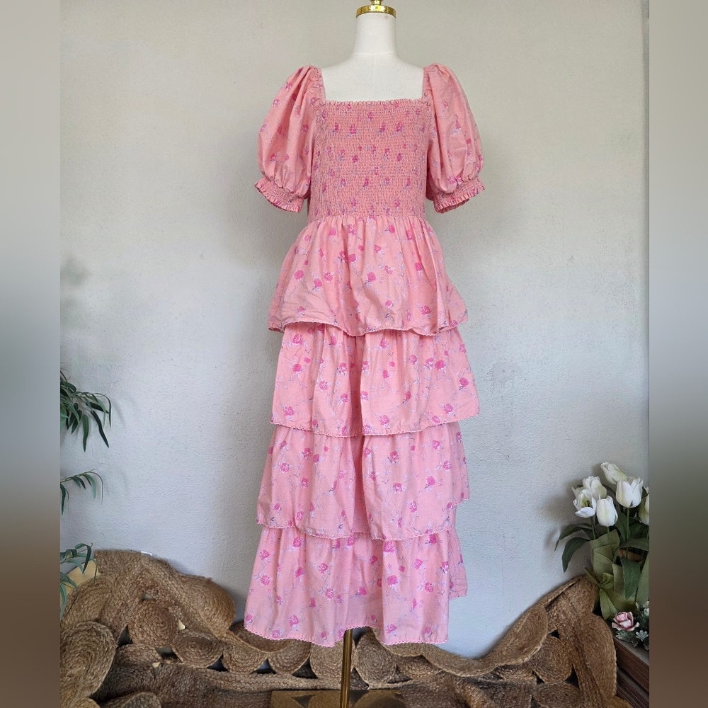 LoveShackFancy Pink Floral Tiered Maxi DressSmocked Tiered L - Picture 8 of 14